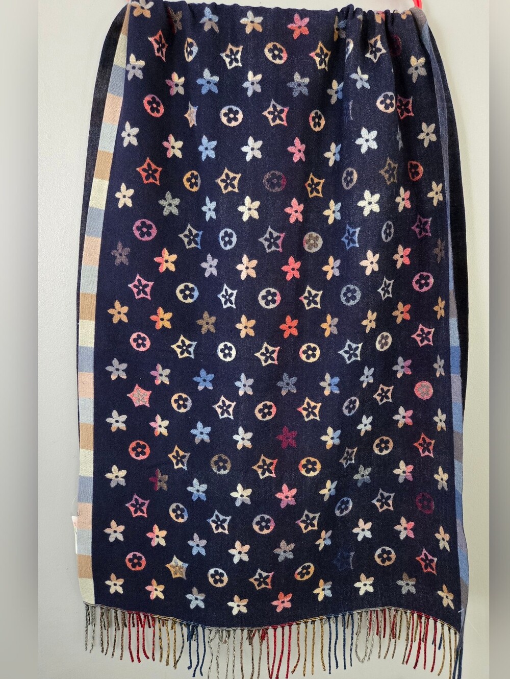 Multicolor Celestial Star Scarf Double-Sided Navy Blue Shawl Fringe Trim‎ NWT